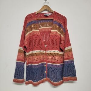 Sigrid Olsen 1993  Cotton Crochet Woodden Beats,Buttons Multicolor Knit Cardigan